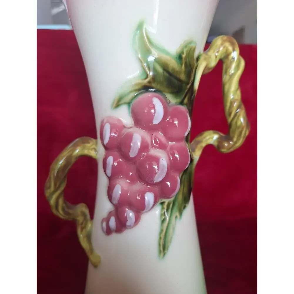 Hull Tokay Pink Green Vase #12 3D Grape Cluster Vine Handle 12